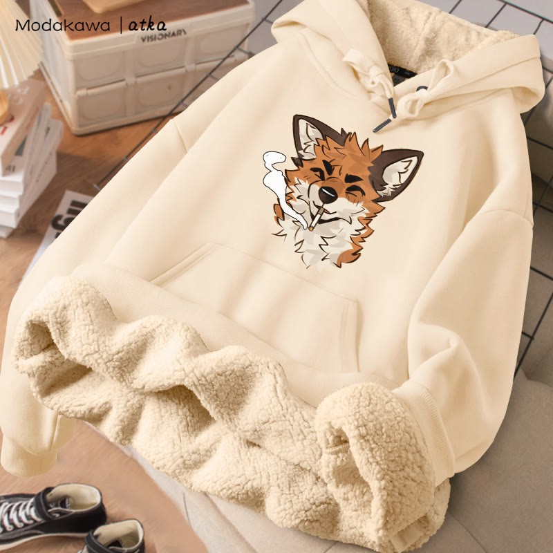 MODAKAWA X atka Fox スモーキンググラフィック 厚手裏起毛冬パーカー - Apricot - 2XL - image 3