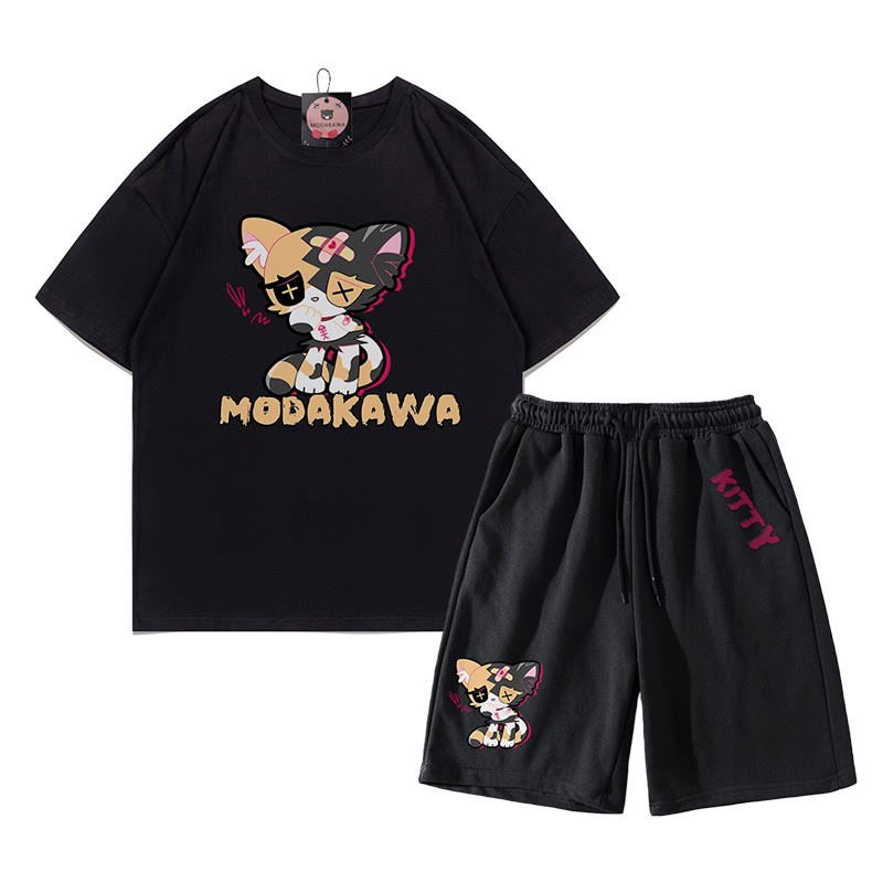 悲しいキティのグラフィックダーク美的Tシャツショーツ2点セット - 黒 - B - 5XL - image 14
