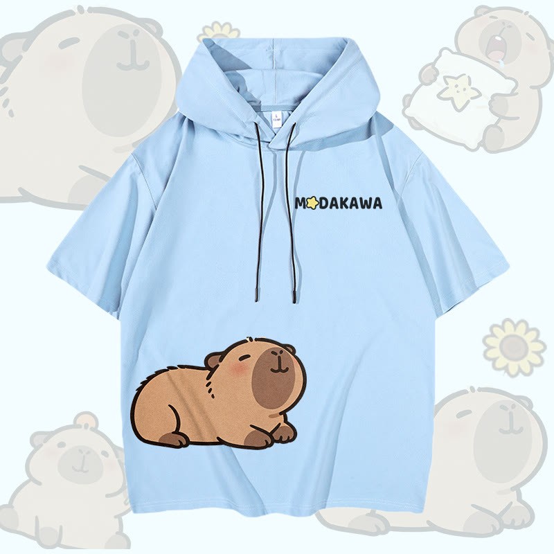 かわいいカピバラ柄のModakawa半袖パーカー - Sky Blue - 3XL - image 4