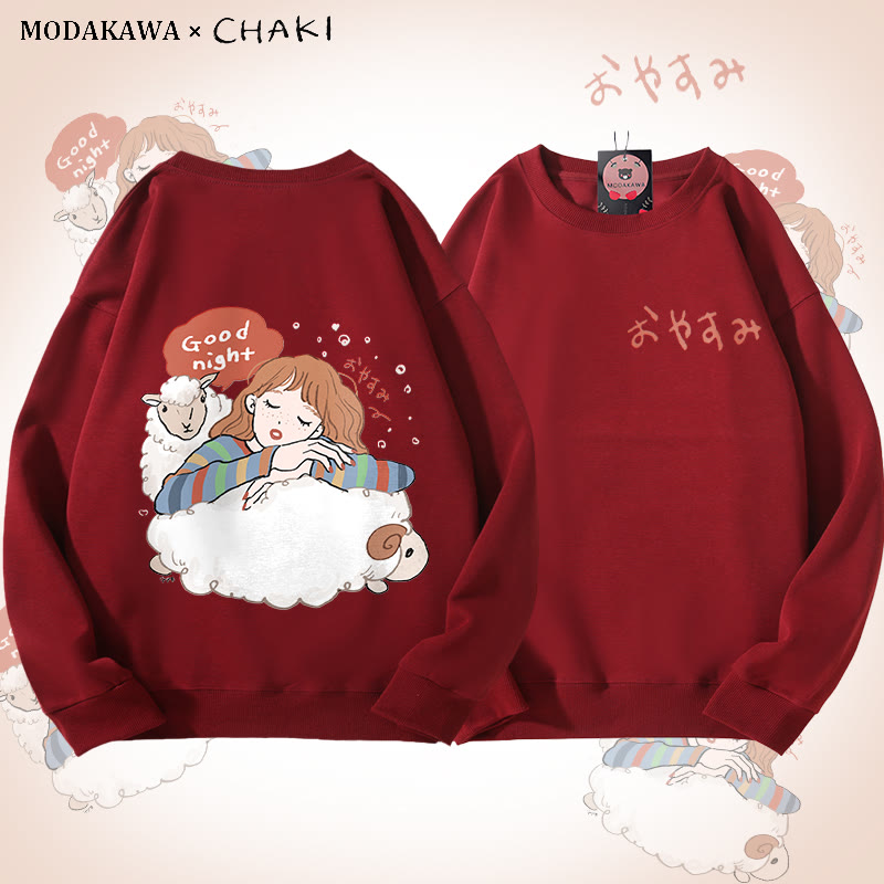 MODAKAWA X chaki グッドナイトガール スリーピング・オン・シープ グラフィック ユニセックス スウェットシャツ - Wine Red - 5XL - image 2