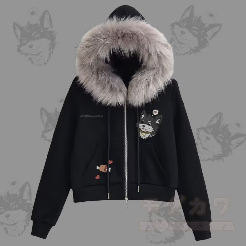 MODAKAWA 遊び心のあるコダ子犬のグラフィック フリース裏地 フェイクファートリム ジップアップパーカー - 黒 - L - image 3