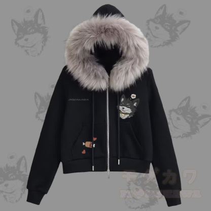 MODAKAWA 遊び心のあるコダ子犬のグラフィック フリース裏地 フェイクファートリム ジップアップパーカー - 黒 - L - image 3