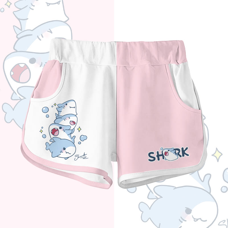 遊び心のあるサメのグラフィック入りModakawaショーツ - White & Pink - 5XL - image 3
