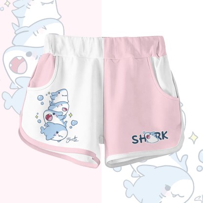 遊び心のあるサメのグラフィック入りModakawaショーツ - White & Pink - 5XL - image 3