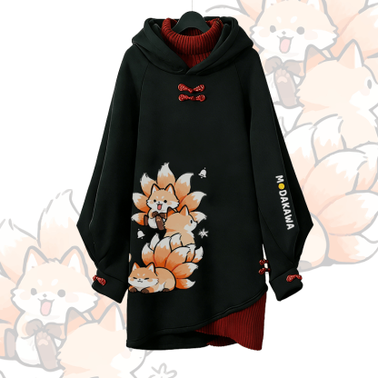 Nine-tailed Fox Graphic Modakawa Buckle Vintage Hooded Sweatshirt Dress - Black B - 3XL - image 4