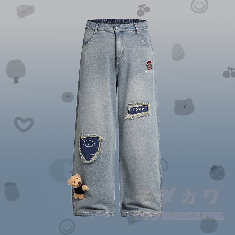 子犬の刺繍入りストライプカラーブロックポロシャツとダメージデニムパンツのModakawaお揃いコーデ - 青いパンツ - XL - image 5