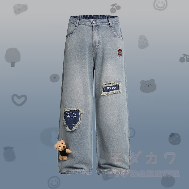 子犬の刺繍入りストライプカラーブロックポロシャツとダメージデニムパンツのModakawaお揃いコーデ - 青いパンツ - XL - image 5