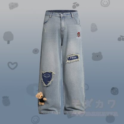 子犬の刺繍入りストライプカラーブロックポロシャツとダメージデニムパンツのModakawaお揃いコーデ - 青いパンツ - XL - image 5