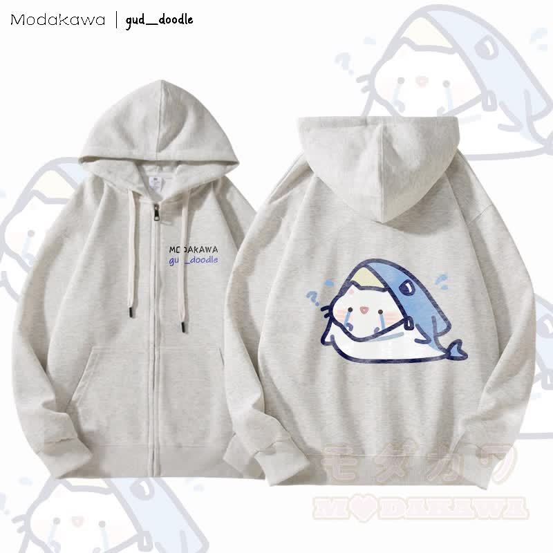MODAKAWA X gud_doodleキティシャークグラフィック フリース裏地 ジップアップ パーカー スウェットシャツ - ライトグレー - 5XL - image 4