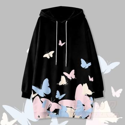 バタフライグラフィックModakawaカワフード付きスウェットシャツドレス（サイドポケット付き） - 黒 - 4XL - image 4