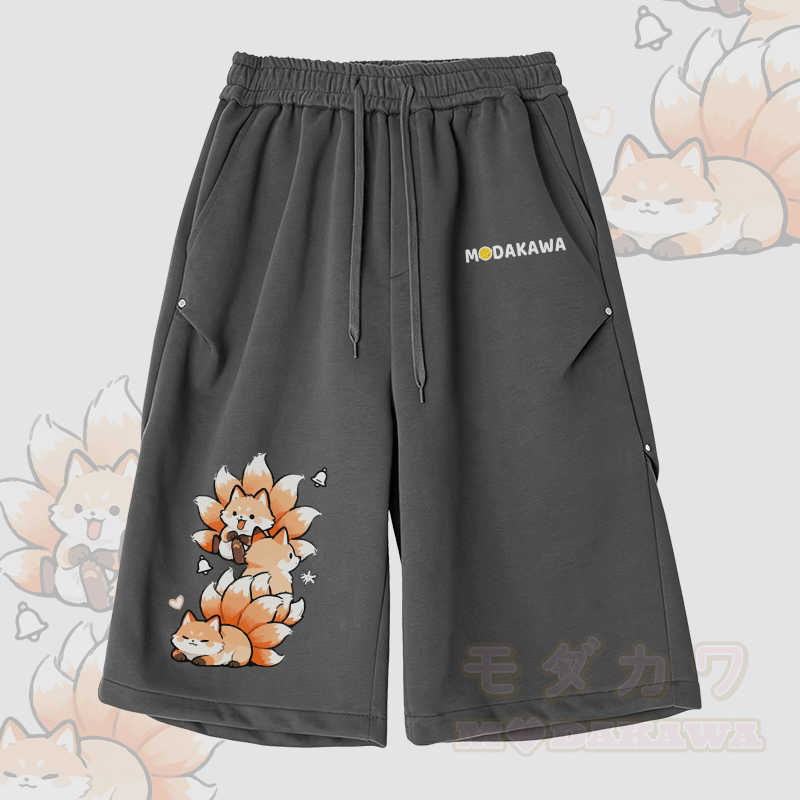 九尾狐グラフィックModakawaワイドレッグクロップドパンツ - ダークグレー - 2XL - image 5