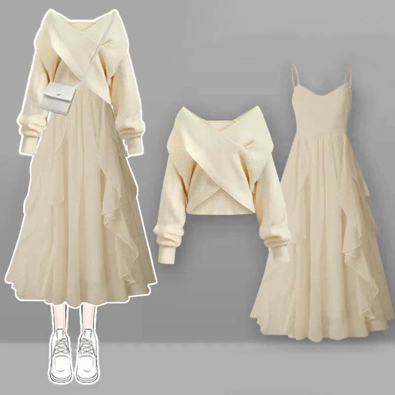 クロスニットセーターのフリル付きスリップドレスのマッチングアウトフィット - Apricot Set - XL - image 3