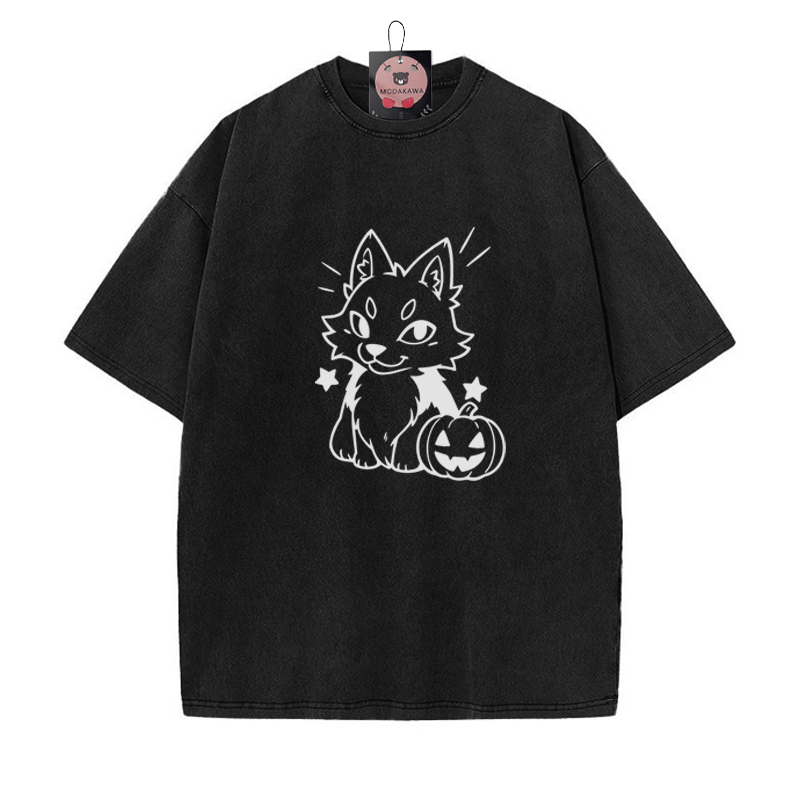 遊び心のあるキツネのパンプキングラフィック ユニセックス ヴィンテージ ウォッシュTシャツ - Black - 5XL - image 8