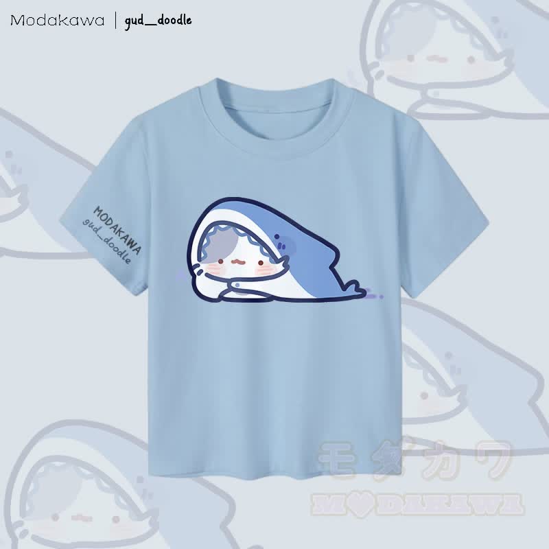 MODAKAWA x gud_doodleキティシャークグラフィック レディース クロップドTシャツ 92%コーマ綿クロップトップ - 青 - XL - image 4