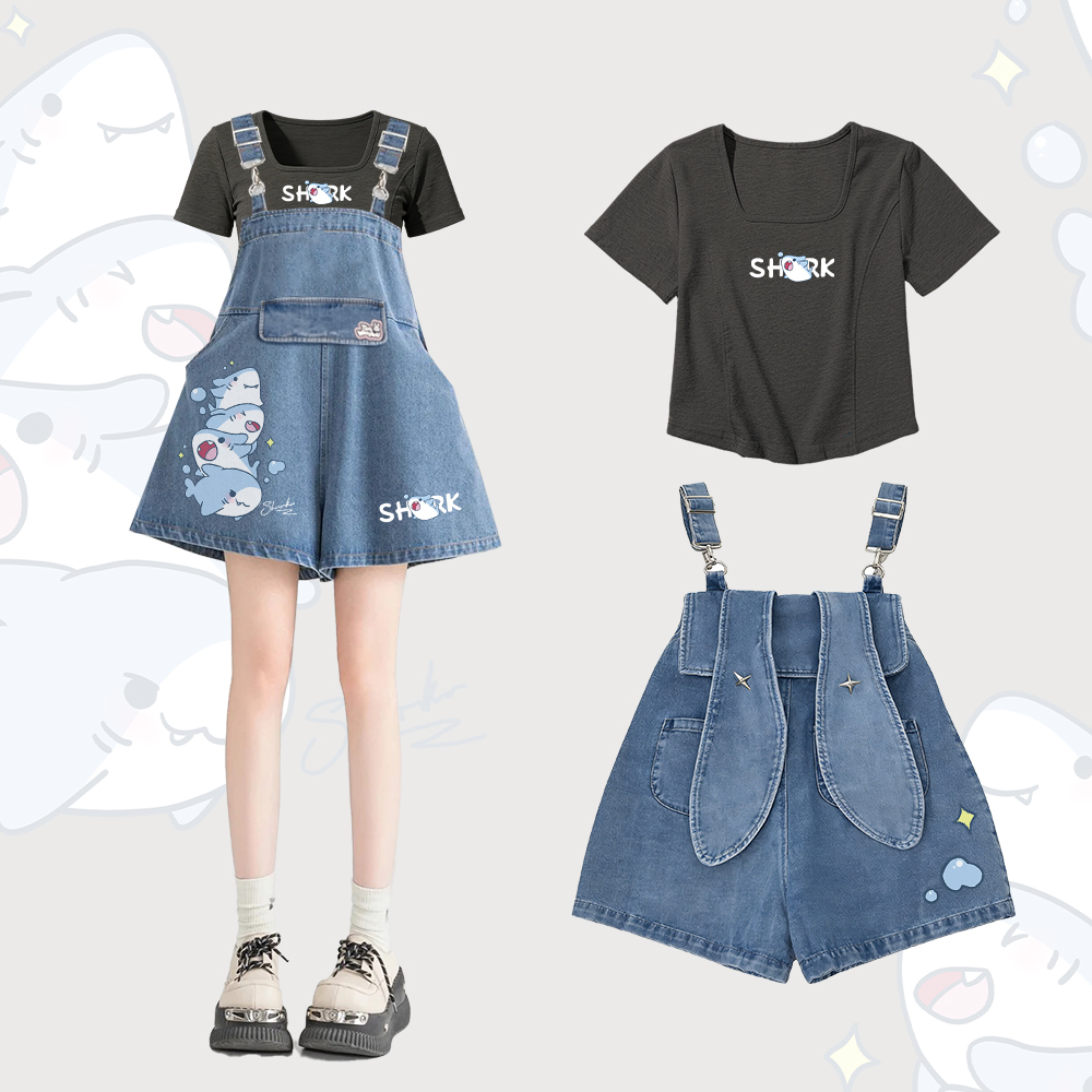 シャークグラフィック スクエアネックTシャツ ラビットイヤー デニムオーバーオールショーツModakawaツーピースセット - Set B - 2XL - image 2