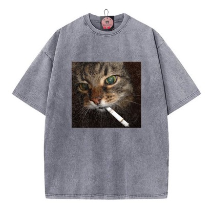 スモーキングキャットグラフィック ユニセックス ヴィンテージ ウォッシュドTシャツ - Grey - 5XL - image 4