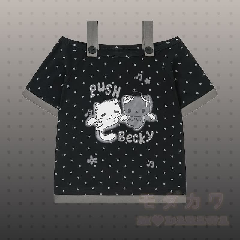 水玉模様の猫柄トップスとギンガムチェック柄ショートパンツ、Modakawaのセットアップ - アスファルトトップ - L - image 6