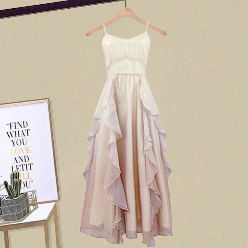 クロスニットセーターのフリルAラインスリップドレスとマッチングアウトフィット - Pink Dress - XL - image 3