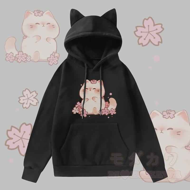 MODAKAWA 桜キティ グラフィック 猫耳 ポケット 裏起毛 パーカー - 黒 - 2XL - image 3