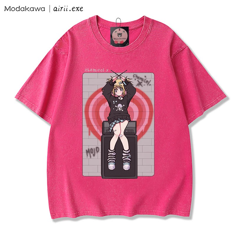 MODAKAWA X airii.exeケミカルガールレタープリント ヴィンテージウォッシュ加工100%綿ModakawaTシャツ - Rose Red - 3XL - image 3