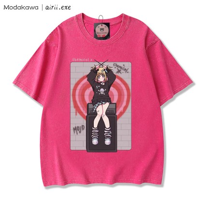 MODAKAWA X airii.exeケミカルガールレタープリント ヴィンテージウォッシュ加工100%綿ModakawaTシャツ - Rose Red - 3XL - image 3