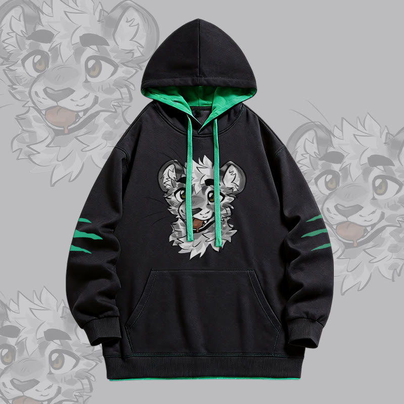 MODAKAWA X atka Cheeky Tiger Face Graphic Oversized Contrast Lining Pullover Hoodie - Black - 4XL - image 3