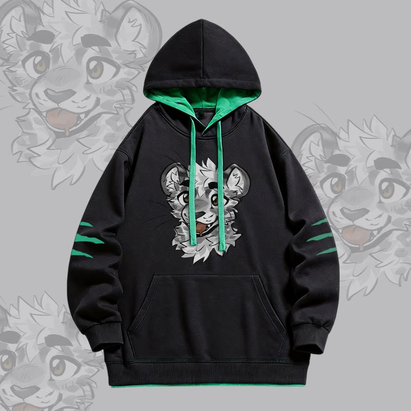 MODAKAWA X atka Cheeky Tiger Face Graphic Oversized Contrast Lining Pullover Hoodie - Black - 4XL - image 3
