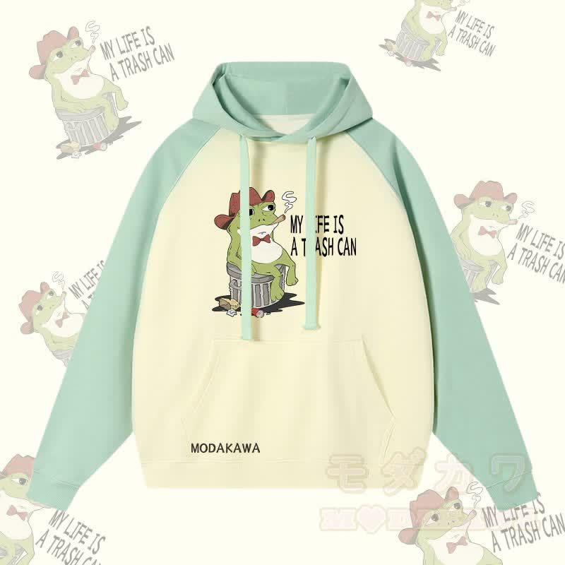 MY LIFE IS A TRASH CAN スモーキングフロッグ グラフィック ストリートウェアカラーブロック パーカー - ライトグリーン＆アプリコット - 3XL - image 3