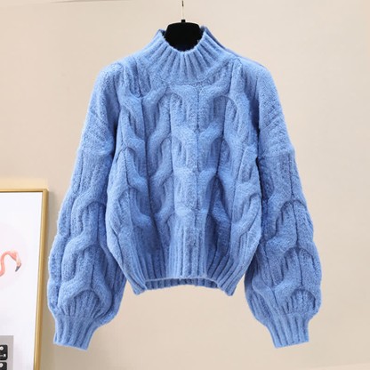 シックな純カラーケーブルセータースリップドレスのマッチングアウトフィット - Blue Sweater - XL - image 8
