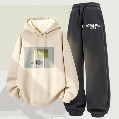 MODAKAWA サイレントハートキャットグラフィック 厚手裏起毛パーカーパンツ 2点セット - Apricot&Dark Grey - 5XL - image 3