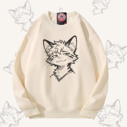 MODAKAWA 遊び心のある猫のグラフィック ユニセックス スウェットシャツ - Beige - 5XL - image 2