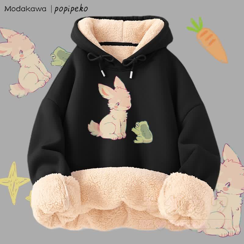 MODAKAWA X popipeko ウサギとカエルのグラフィック 厚手裏起毛冬パーカー - 黒 - 2XL - image 5