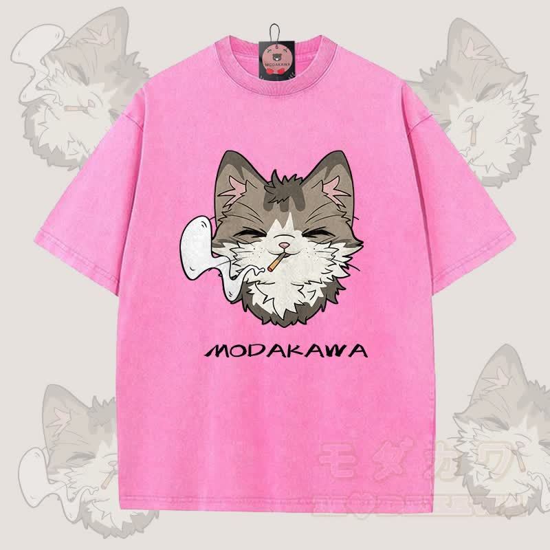 MODAKAWA スモーキングキャットグラフィック ユニセックス ヴィンテージウォッシュTシャツ - ローズレッド - 5XL - image 8