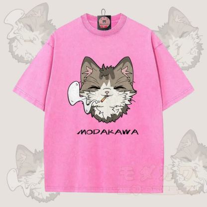 MODAKAWA スモーキングキャットグラフィック ユニセックス ヴィンテージウォッシュTシャツ - ローズレッド - 5XL - image 8