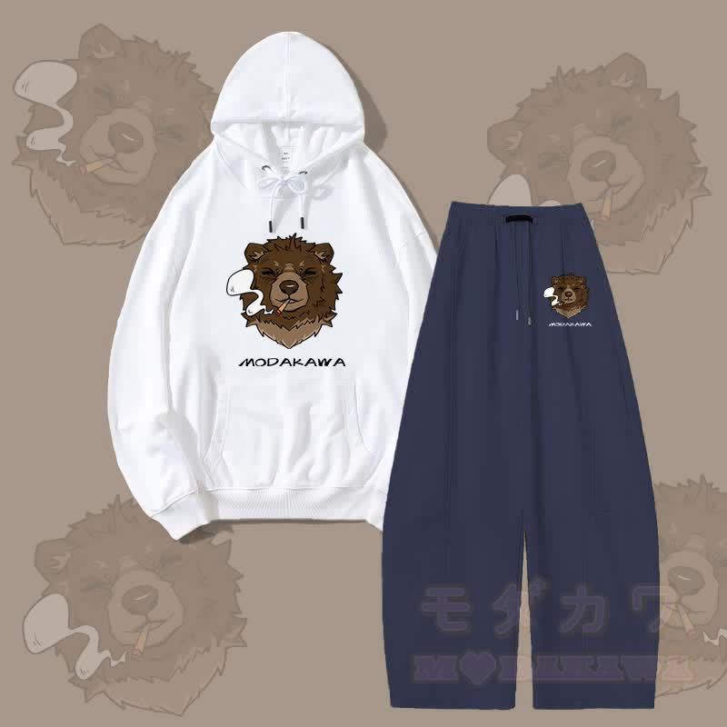 MODAKAWA スモーキングベア グラフィック パーカー ワイドレッグパンツ 2点セット - 白と紫がかった青 - 5XL - image 6
