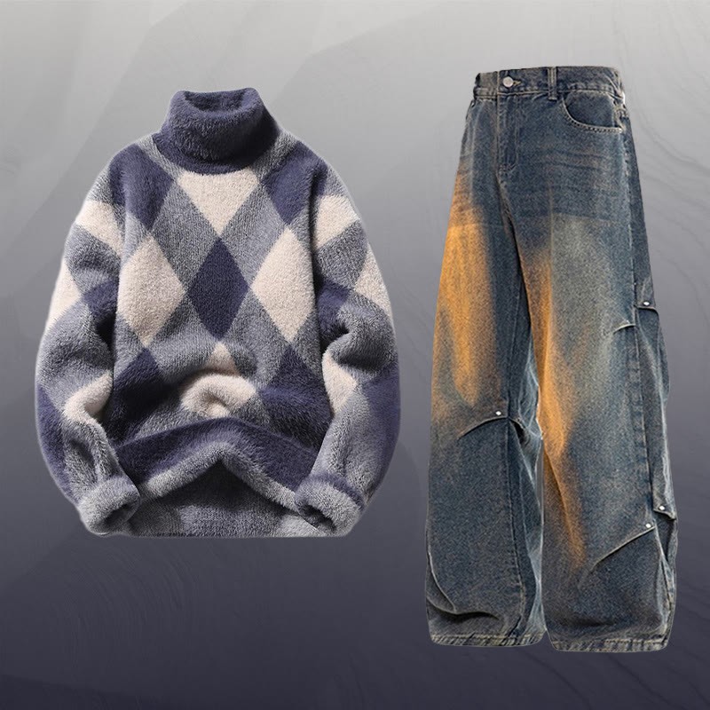 チェック柄ファジーニットセーターデニムパンツツーピース - Set D - 3XL - image 4