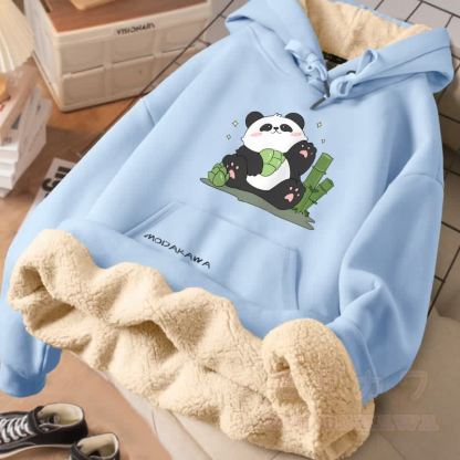 MODAKAWA パンダが竹を食べるグラフィック 厚手フリース裏地冬パーカー - 青 - 2XL - image 3
