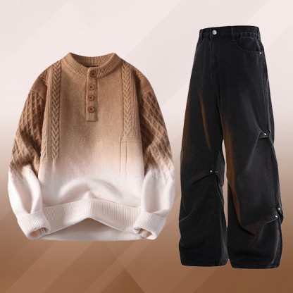 グラデーションケーブルニットセーター デニムパンツ ツーピース - Set G - 3XL - image 7