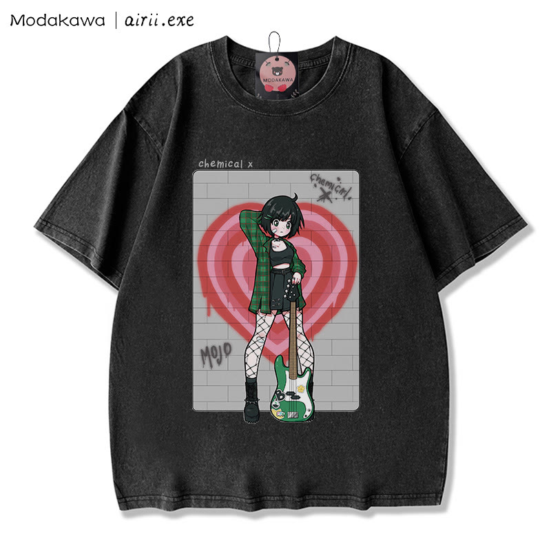 MODAKAWA X airii.exe CHEMICAL ギターガール レタープリント ヴィンテージウォッシュ加工100%綿ModakawaTシャツ - Black - 3XL - image 4