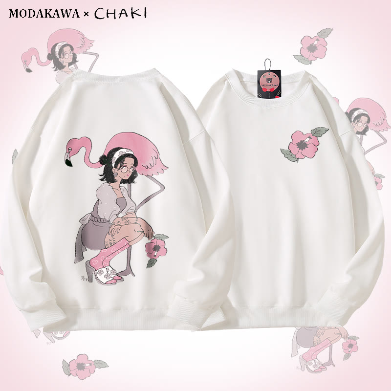 MODAKAWA X chaki ガール＆フラミンゴ グラフィック ユニセックス スウェットシャツ - White - 5XL - image 3