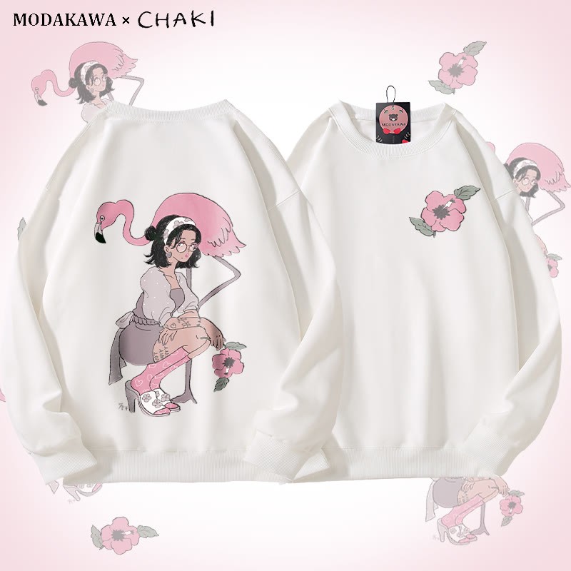 MODAKAWA X chaki ガール＆フラミンゴ グラフィック ユニセックス スウェットシャツ - White - 5XL - image 3