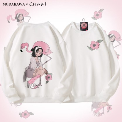 MODAKAWA X chaki ガール＆フラミンゴ グラフィック ユニセックス スウェットシャツ - White - 5XL - image 3