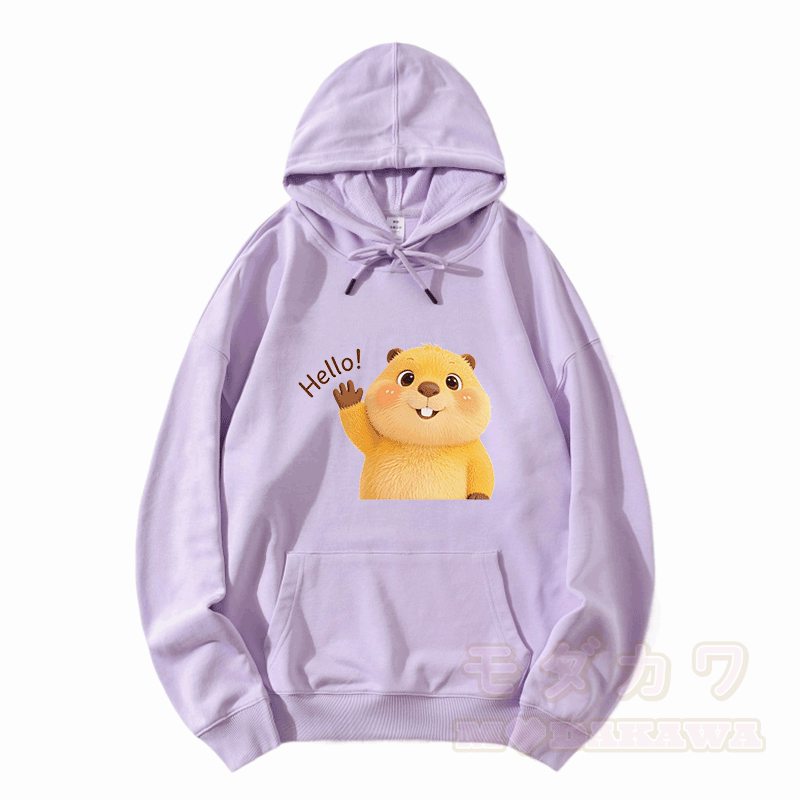 HELLO カピバラ グラフィックModakawaルーズ コットンブレンド フーディー - 薄紫色 - 5XL - image 5