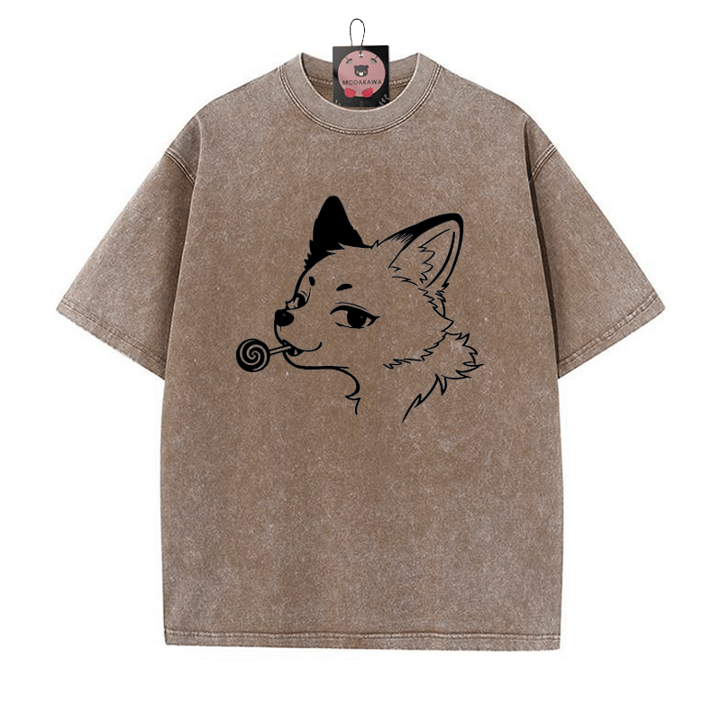 フォックスプリント ヴィンテージウォッシュTシャツ - 茶色 - 5XL - image 3