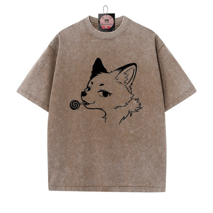 フォックスプリント ヴィンテージウォッシュTシャツ - 茶色 - 5XL - image 3