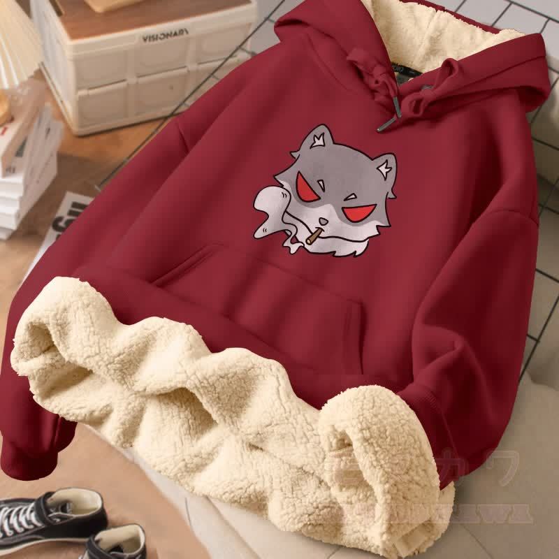 MODAKAWA スモーキングウルフ グラフィック 厚手裏起毛冬パーカー - ワインレッド - 2XL - image 4