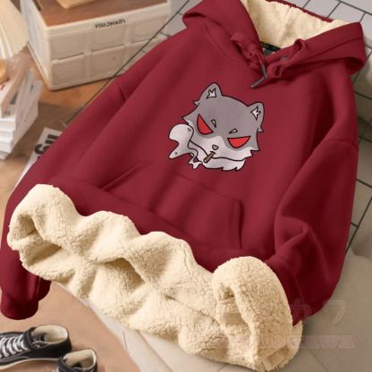 MODAKAWA スモーキングウルフ グラフィック 厚手裏起毛冬パーカー - ワインレッド - 2XL - image 4