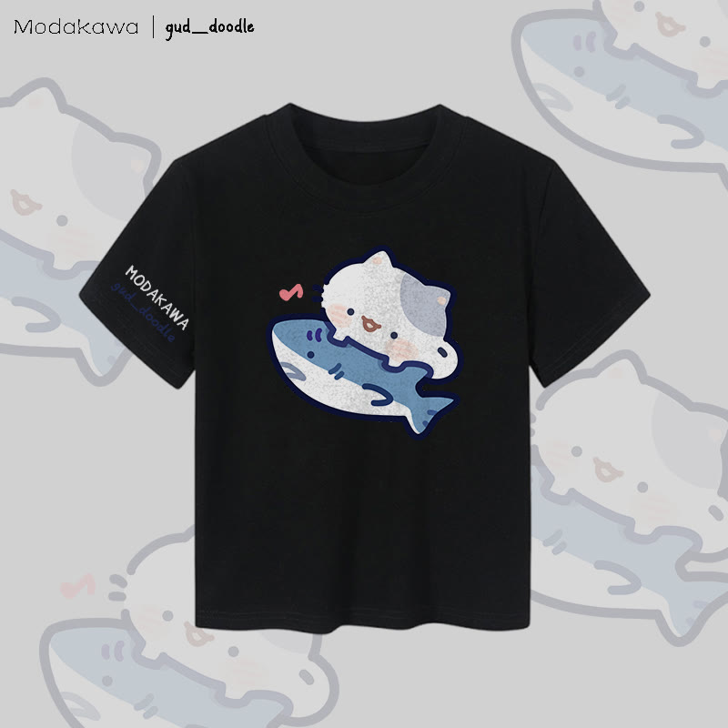 MODAKAWA X gud_doodleキャットシャークグラフィック レディース クロップドTシャツ 92% コーマ綿クロップトップ - Black - XL - image 5