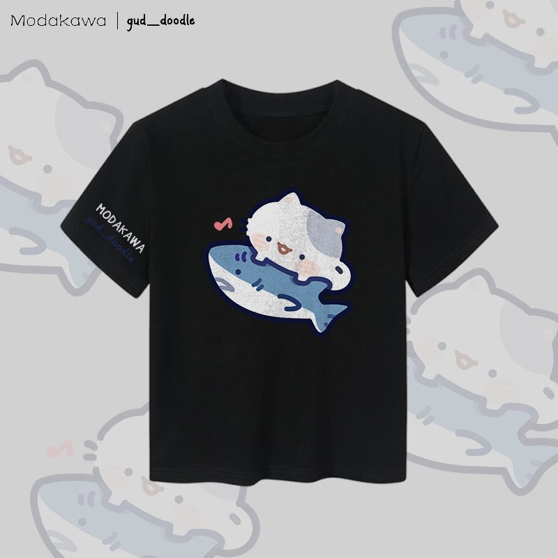 MODAKAWA X gud_doodleキャットシャークグラフィック レディース クロップドTシャツ 92% コーマ綿クロップトップ - Black - XL - image 5