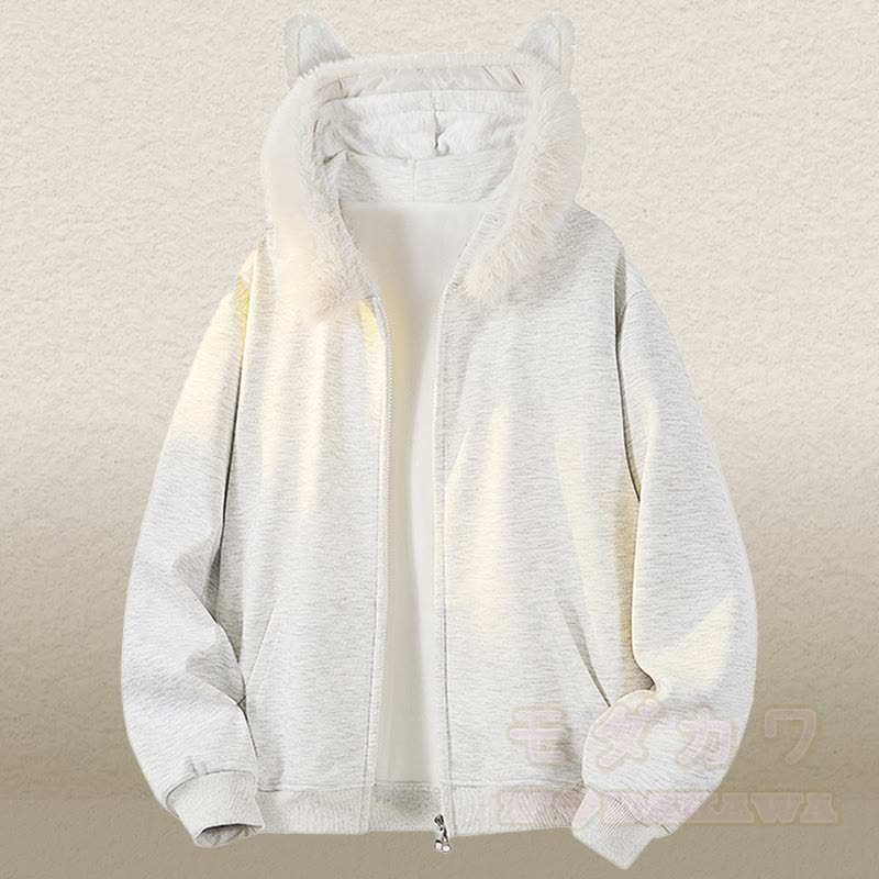 アニマルイヤーフリース裏地ジップアップパーカーデニムパンツツーピース - グレーのパーカー - 2XL - image 6